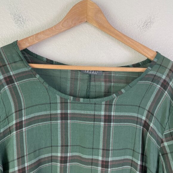 SAGA Made in Italy Tunic Top OS Green Plaid Roll Tab Sleeve Shirt Lagenlook Boho - Picture 4 of 12